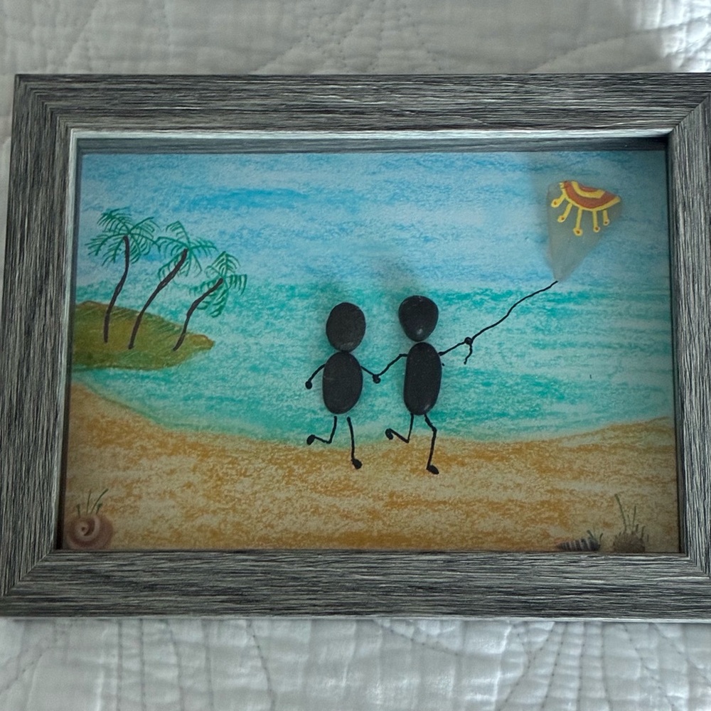 Beach Scene Pebble Art in Gray Frame